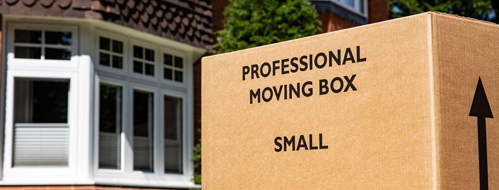 small professional moving box outside a house