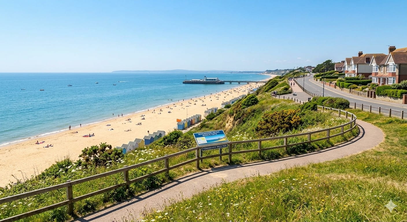 Sunny coastal view of Southbourne-on-Sea cliffs and beach, Bournemouth - ideal for new residents moving to the area.