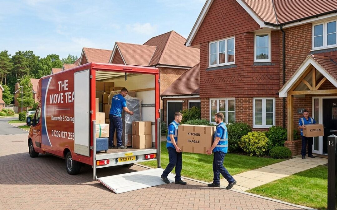 The Move Team red removal van parked outside a residential home in Verwood Dorset assisting with house removals.