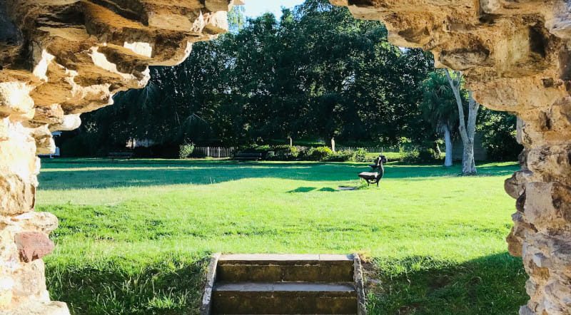 Historic stone ruins framing a sunlit garden and park bench in Romsey, Hampshire.