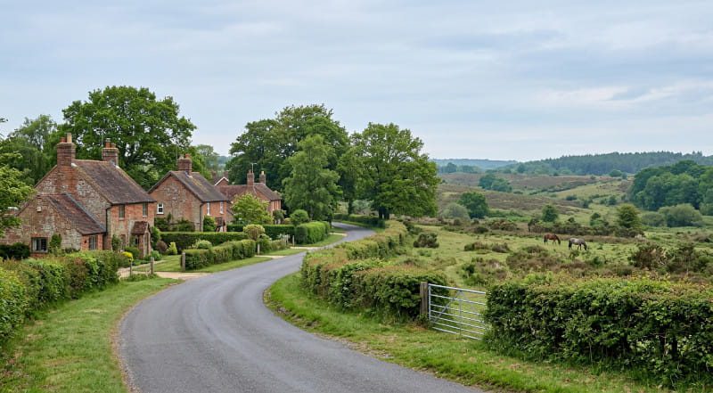 Scenic country road passing traditional cottages and open countryside near Blackfield in the New Forest.